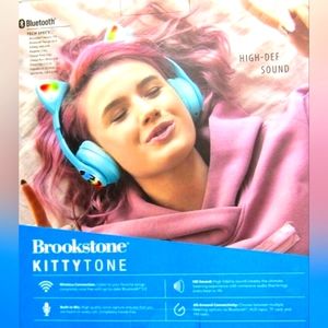 Brookstone Kittyone Blue Cat Bluetooth HD Headphones Built-In Mic & LED Accents